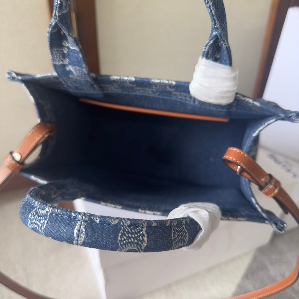 CELINE SMALL CABAS THAIS 25 IN BAYOUX BLUE TRIOMPHE DENIM AND BRONZE BROWN CALFSKIN