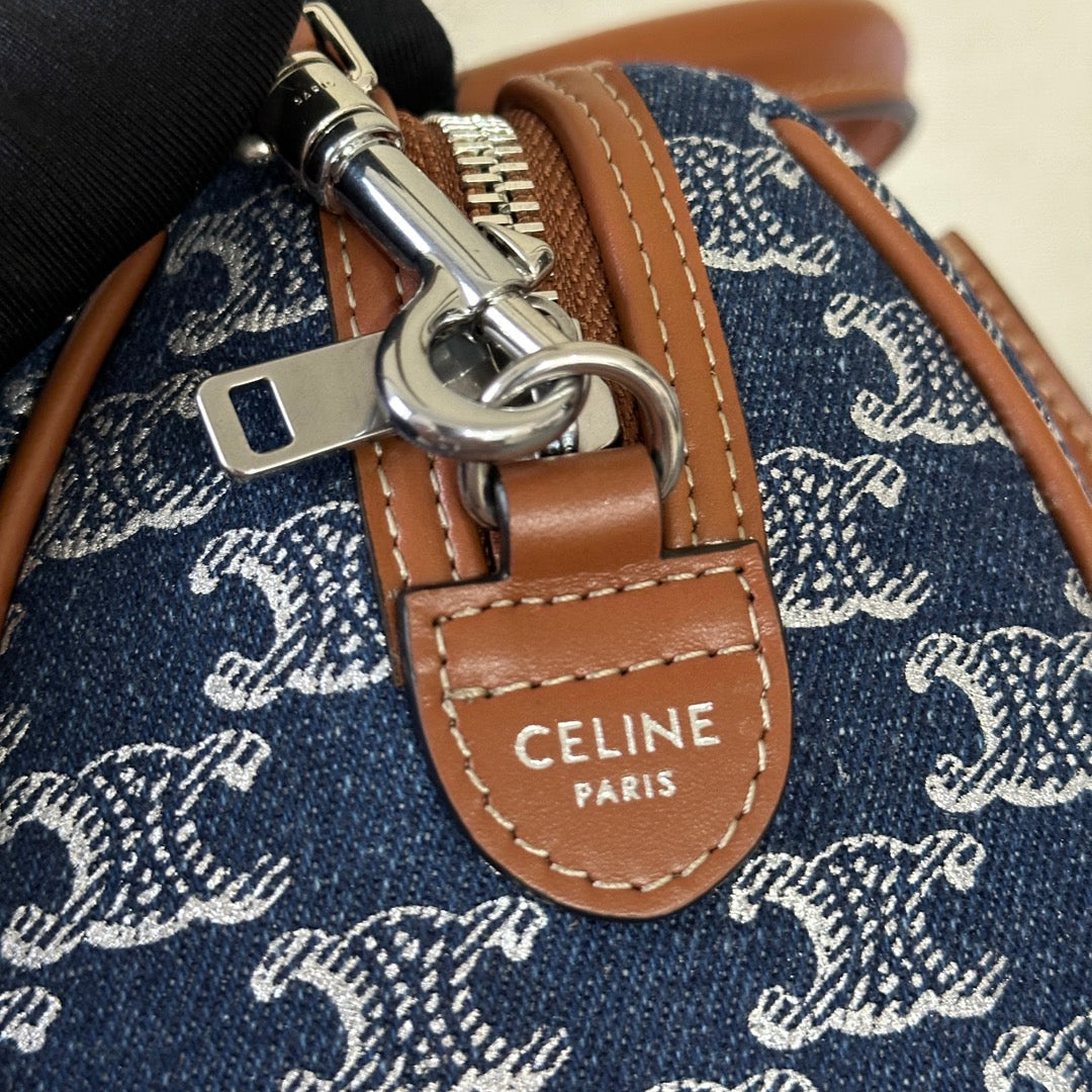 CELINE SMALL BOSTON 19 IN SPACE BLUE TRIOMPHE DENIM AND BROWN CALFSKIN TRIM