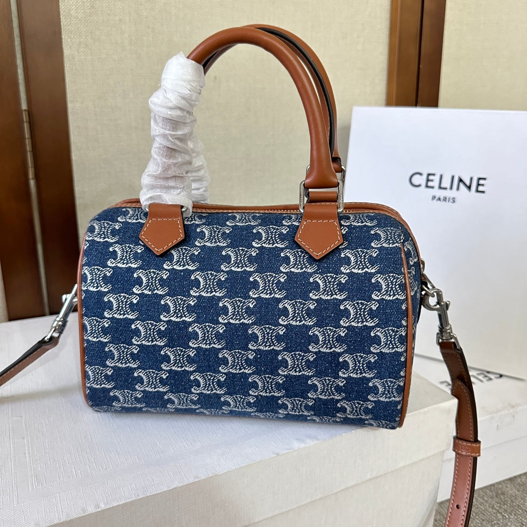 CELINE SMALL BOSTON 19 IN SPACE BLUE TRIOMPHE DENIM AND BROWN CALFSKIN TRIM