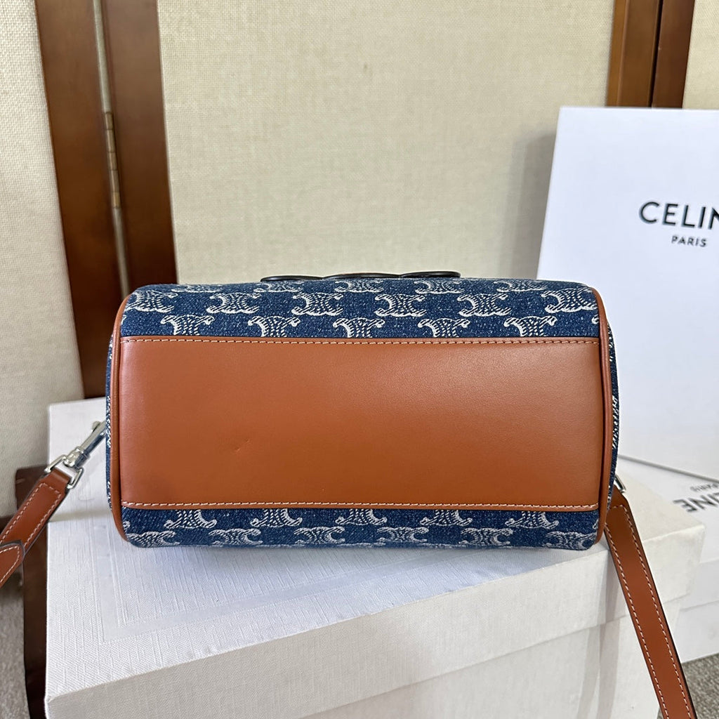 CELINE SMALL BOSTON 19 IN SPACE BLUE TRIOMPHE DENIM AND BROWN CALFSKIN TRIM