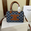 CELINE SMALL BOSTON 19 IN SPACE BLUE TRIOMPHE DENIM AND BROWN CALFSKIN TRIM
