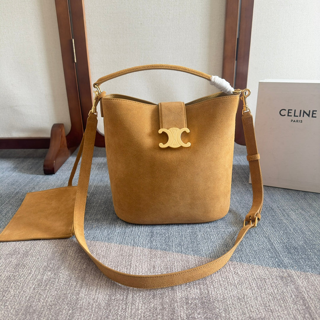 CELINE MINI BUCKET LOUISE 25 CARAMEL BROWN IN NUBUCK