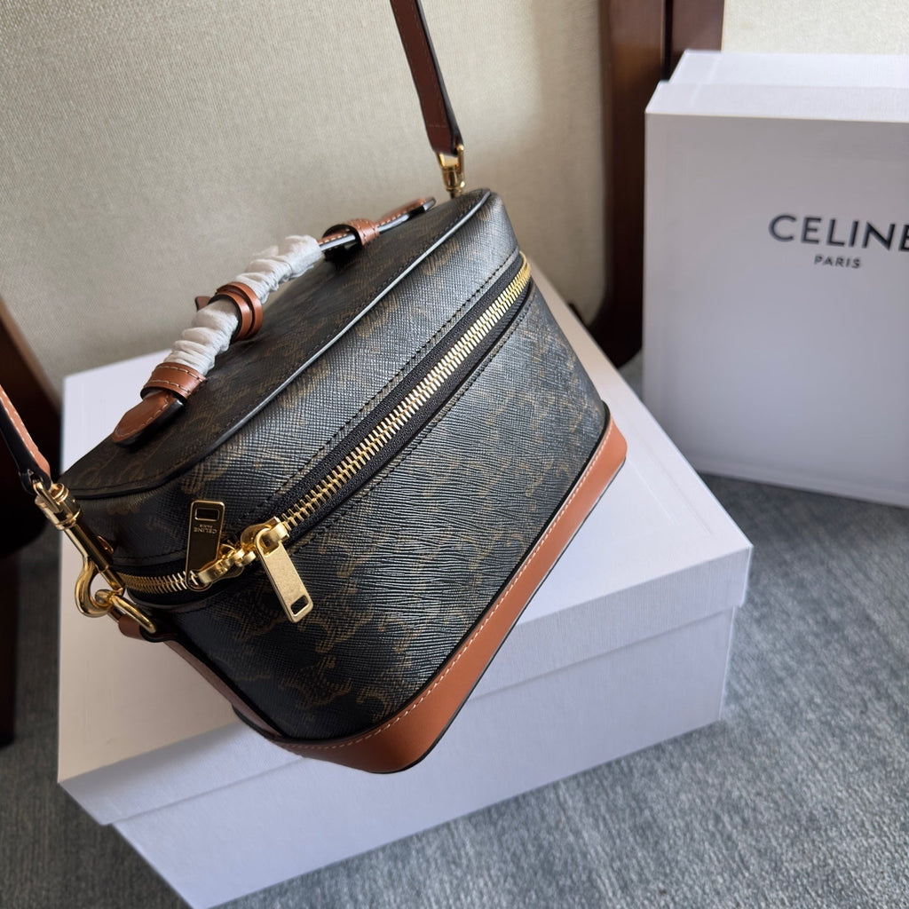 CELINE VANITY 18 IN BLACK TRIOMPHE CANVAS AND BROWN CALFSKIN GOLD HARDWARE