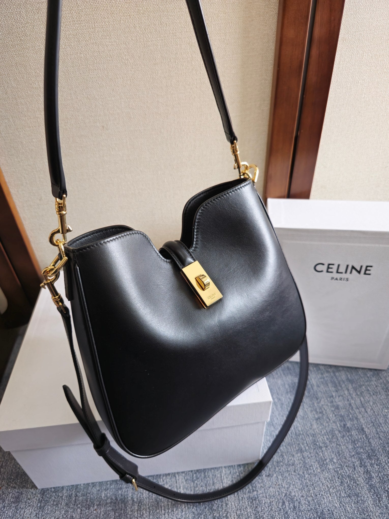 CELINE SMALL CAMILLE 16 SOFT BAG 24 IN BLACK SMOOTH CALFSKIN
