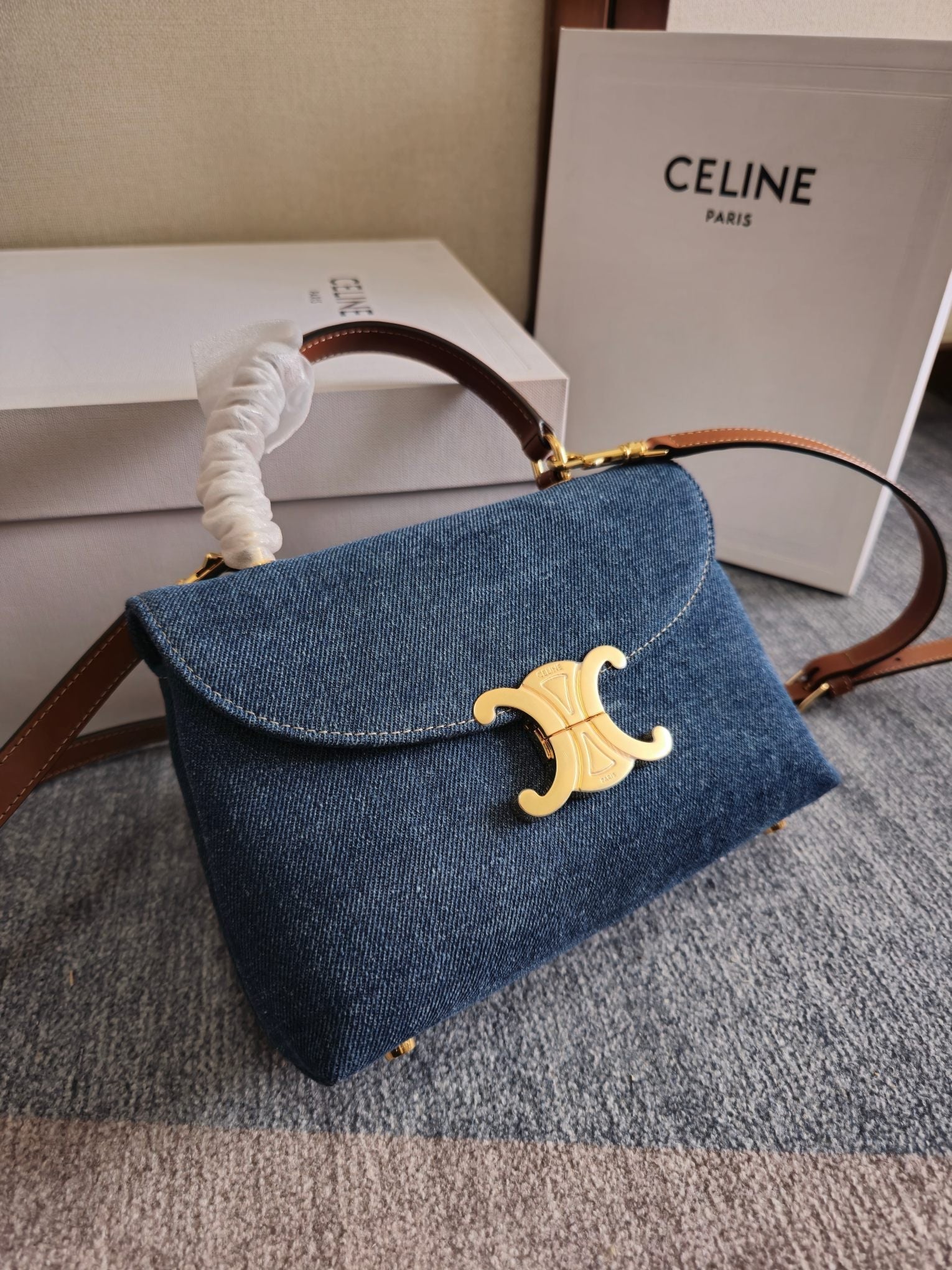 CELINE TEEN NINO BAG 20.5 IN DENIM TRIOMPHE KELLY