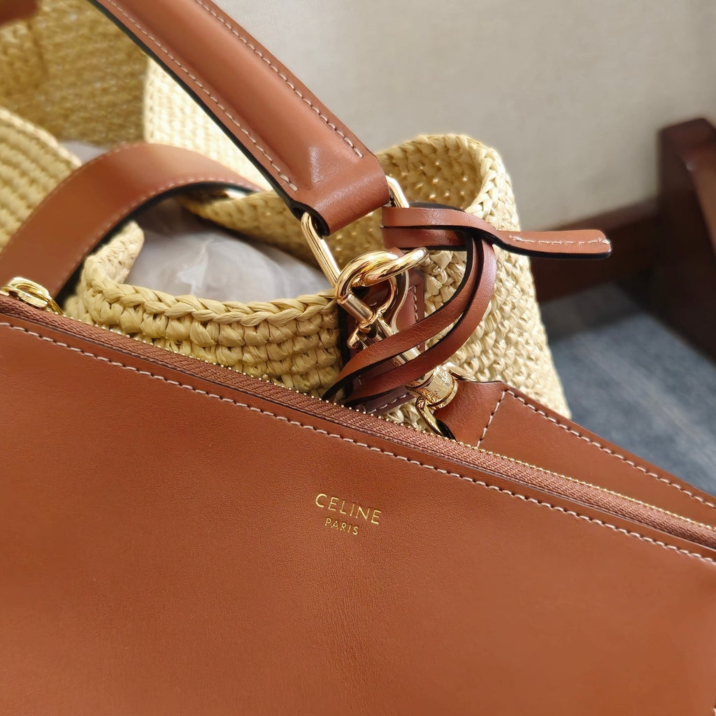 CELINE SMALL LOUISE BUCKET 25 IN BEIGE RAFFIA AND CALFSKIN