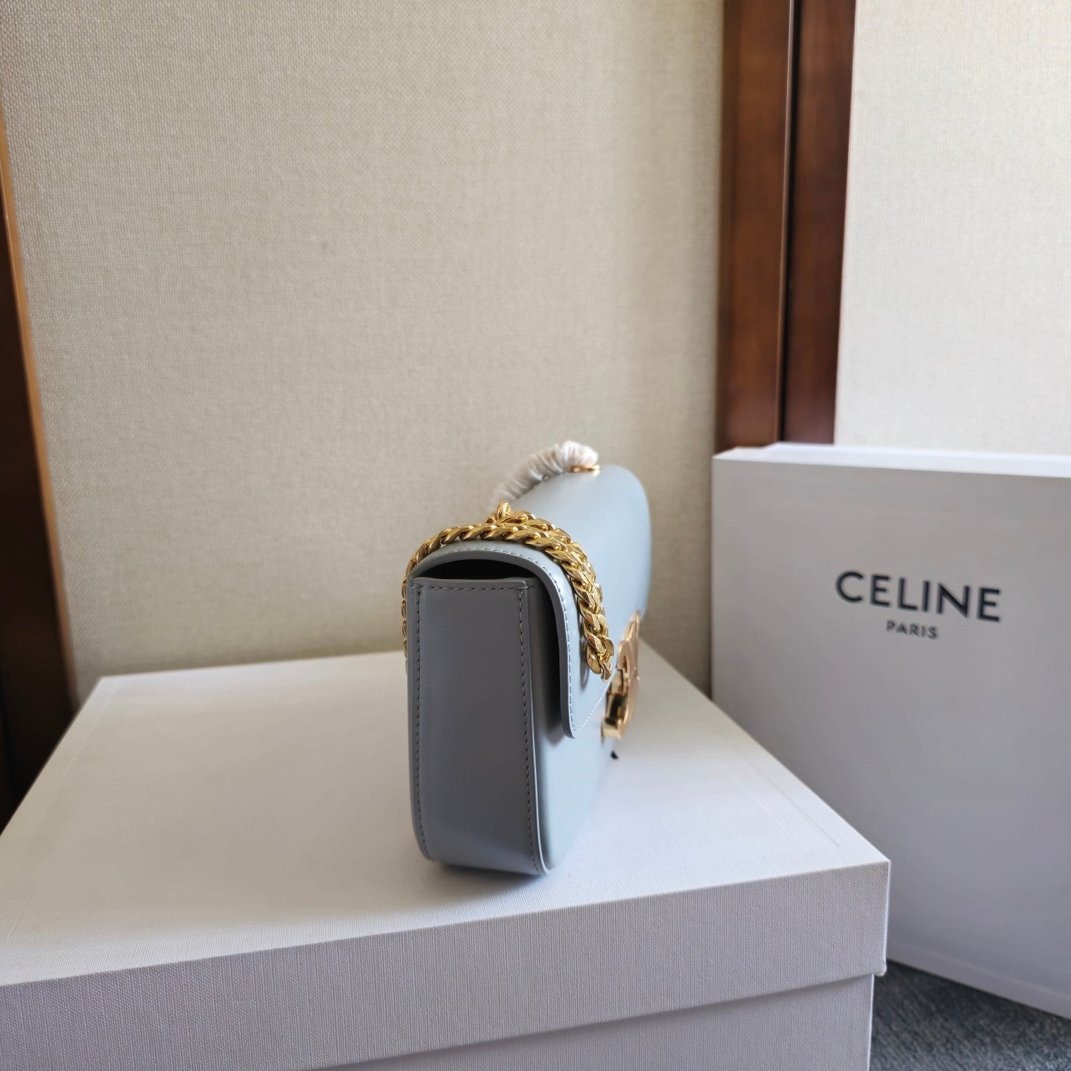 CELINE CHAIN EMBOSSED ARMPIT BAG 20 IN COOL GRAY BLUE CALFSKIN