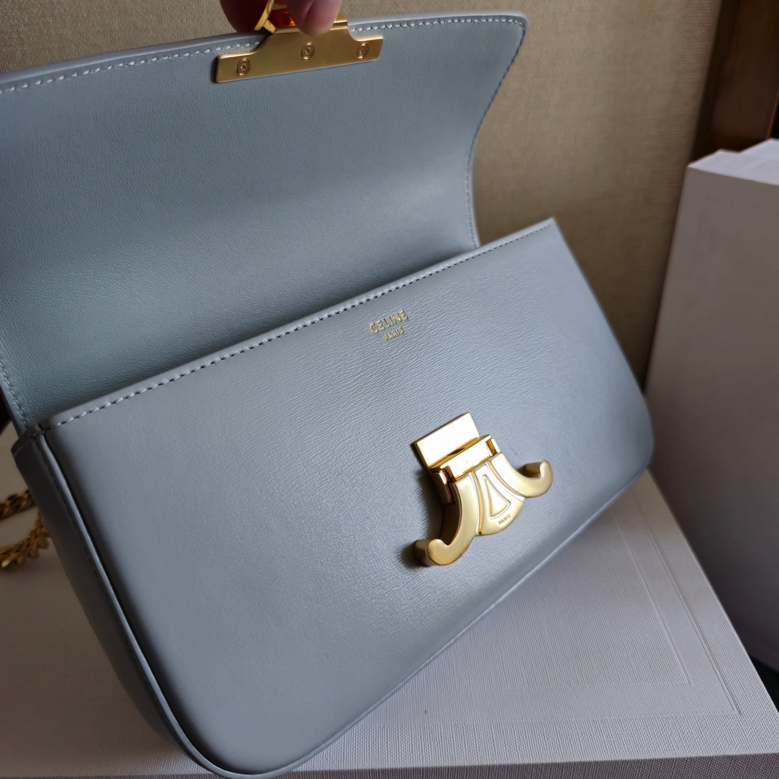 CELINE CHAIN EMBOSSED ARMPIT BAG 20 IN COOL GRAY BLUE CALFSKIN