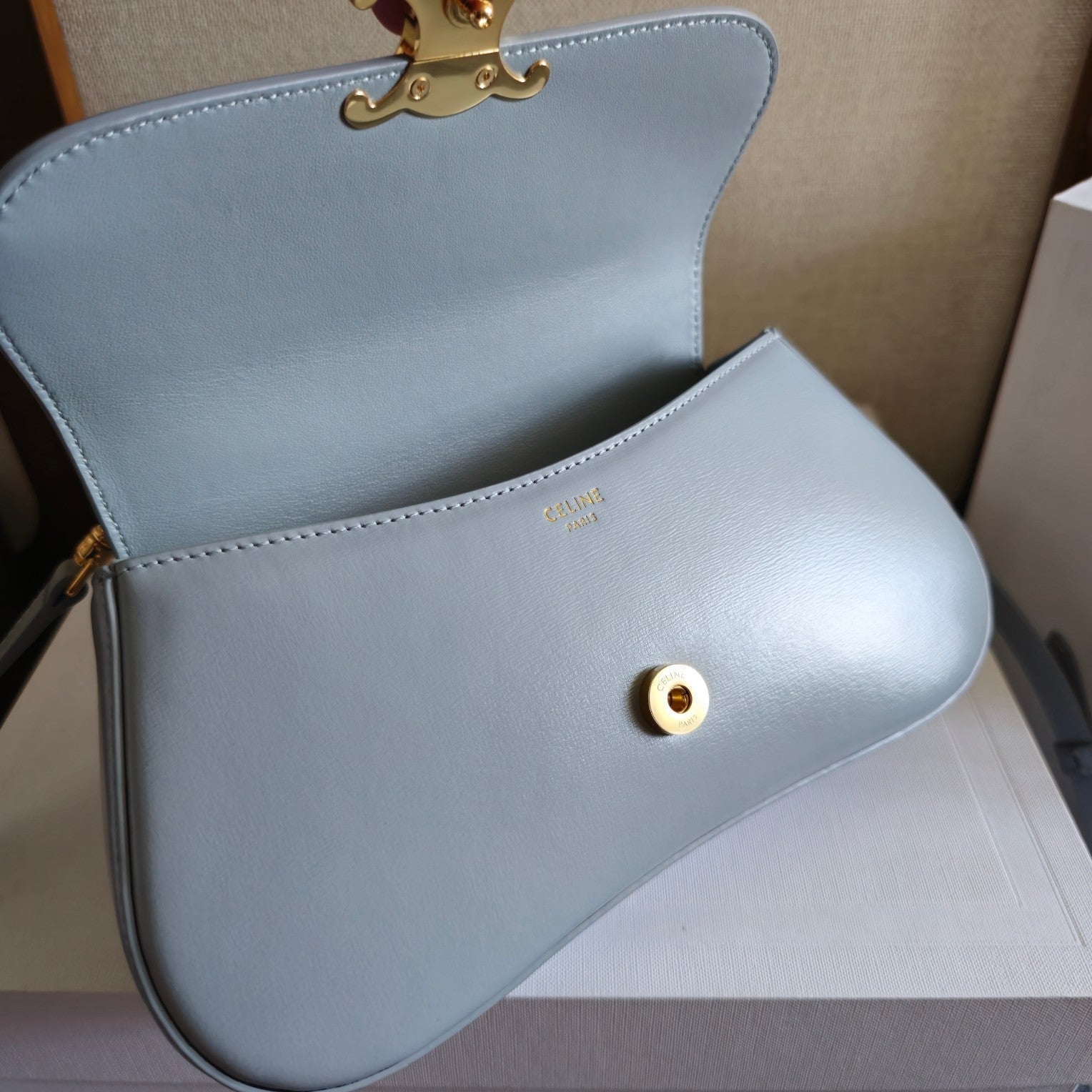 CELINE TEEN LOLA TRIOMPHE BAG 20 IN COOL GRAY BLUE CALFSKIN