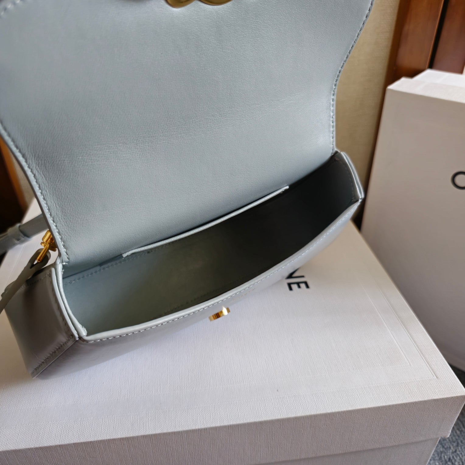 CELINE TEEN LOLA TRIOMPHE BAG 20 IN COOL GRAY BLUE CALFSKIN