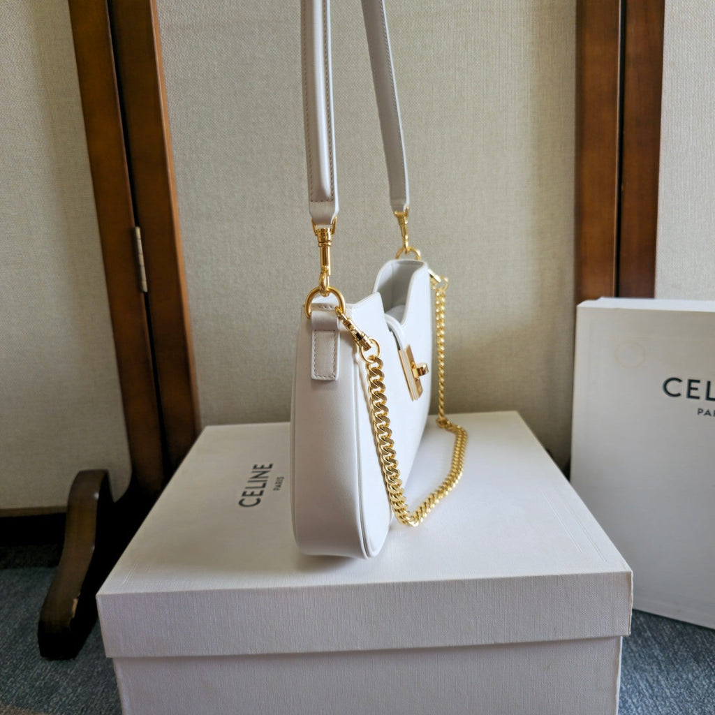 CELINE 25S SHOULDER CAMILLE 16 SOFT 27MM IN WHITE CALFSKIN GOLD HARDWARE