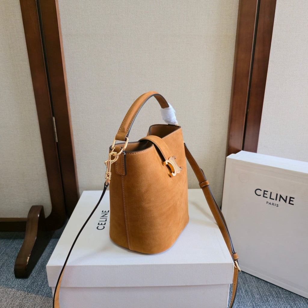 CELINE 25S LOUISE BAG 19MM IN BROWN SUEDE GOLD HARDWARE