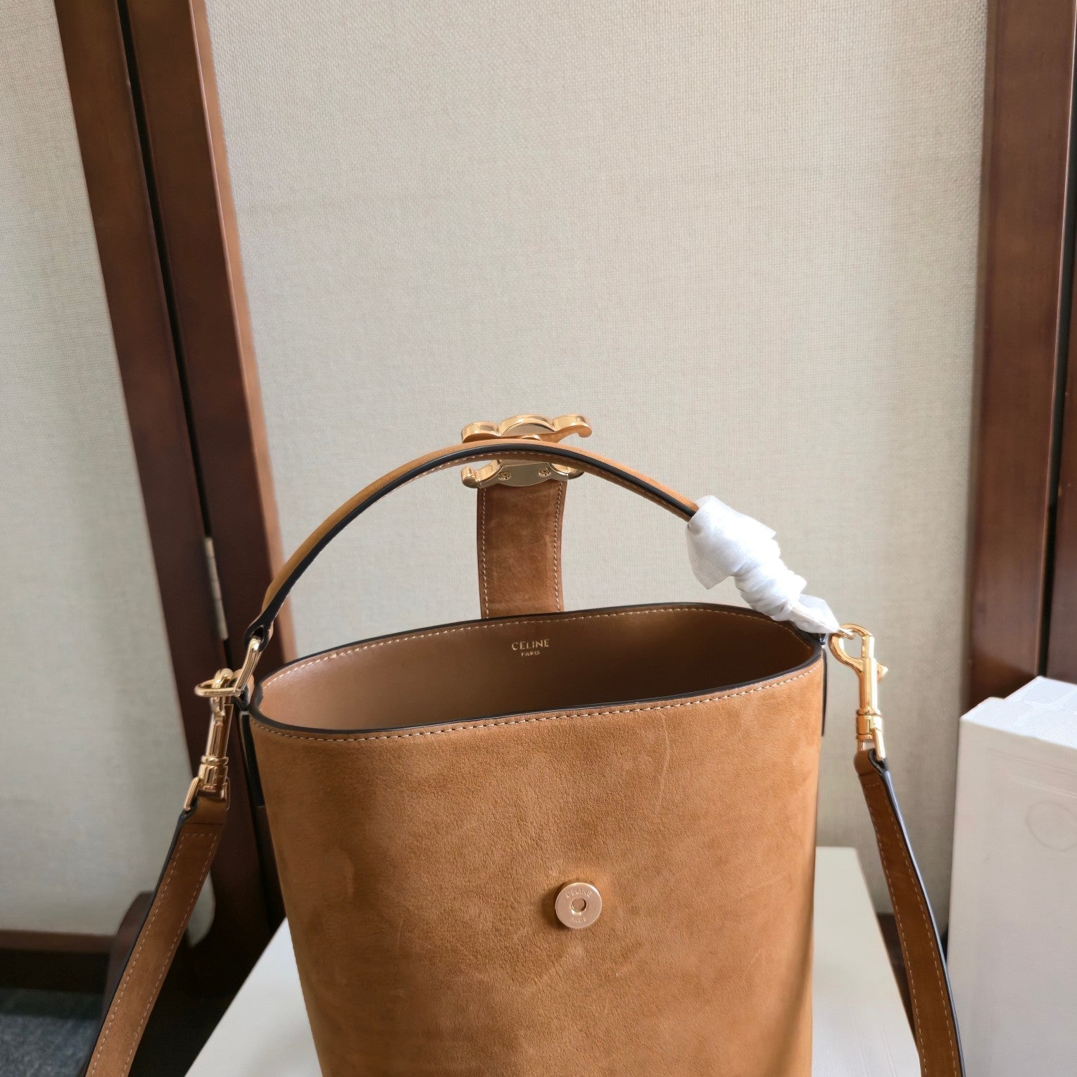 CELINE 25S LOUISE BAG 19MM IN BROWN SUEDE GOLD HARDWARE