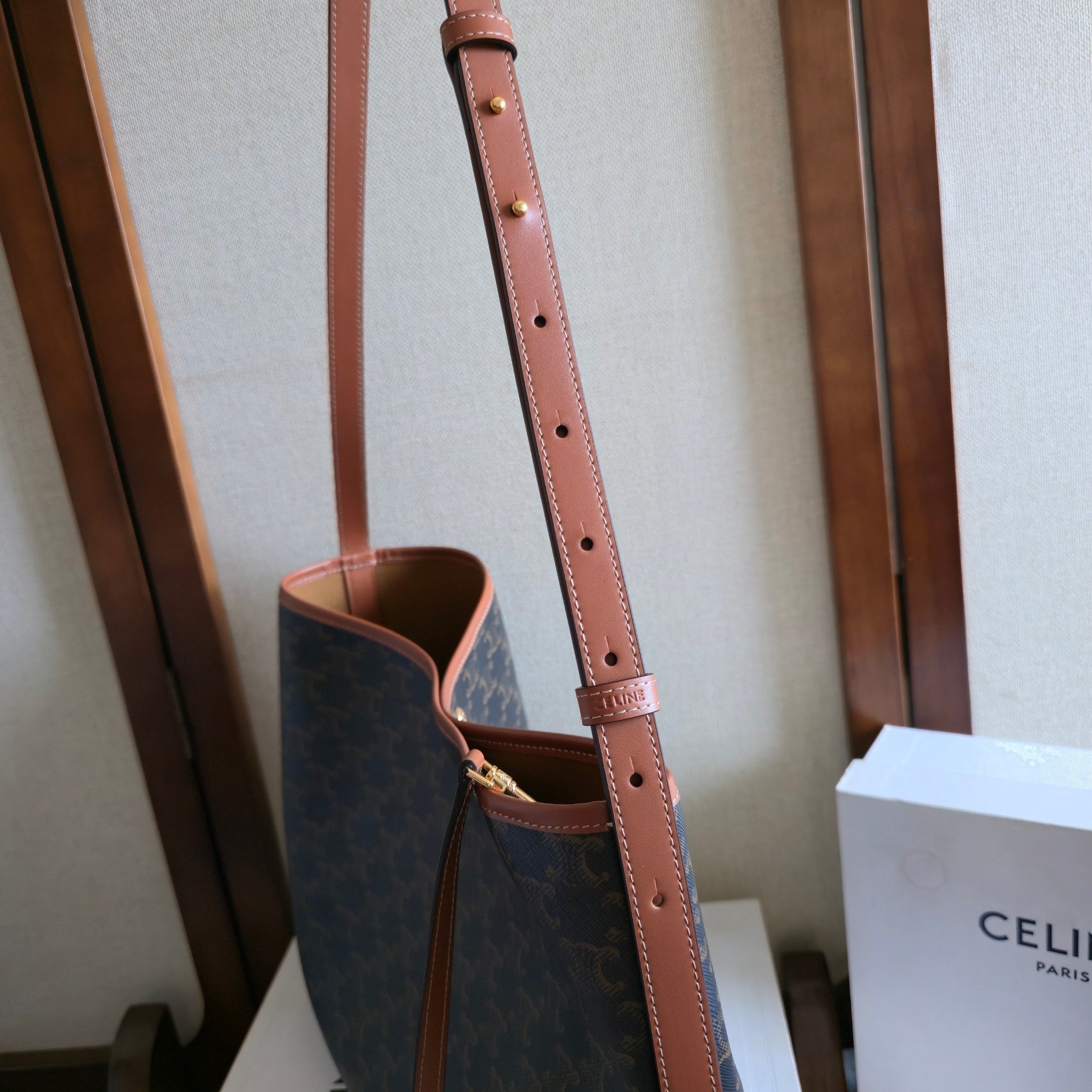 CELINE 25S SOFT SHOPPER BAG 32 IN BLACK TRIOMPHE CANVAS AND BROWN CALFSKIN