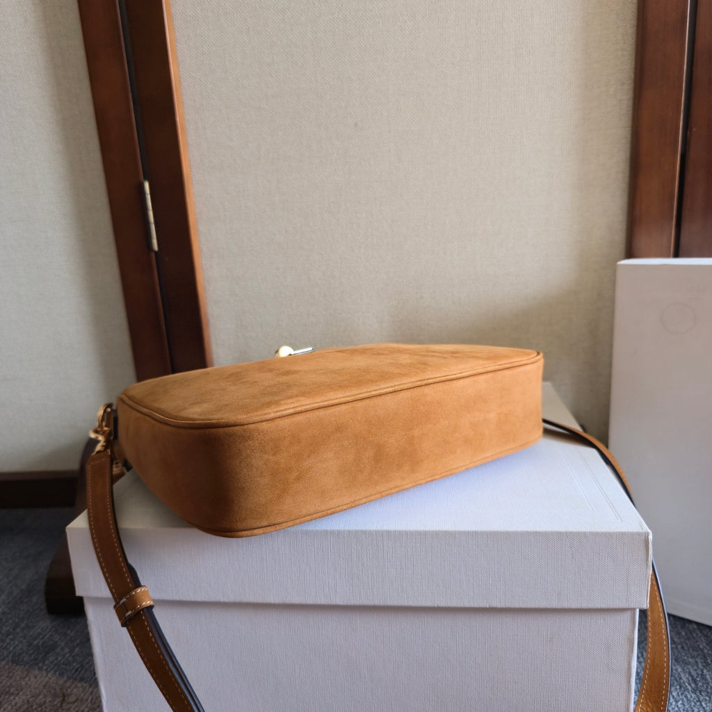 CELINE 25S SMALL CAMILLE 16 SOFT BAG 24MM IN CARAMEL BROWN SUEDE