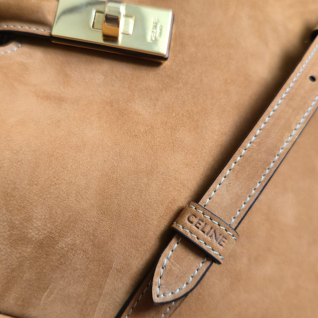 CELINE 25S SMALL CAMILLE 16 SOFT BAG 24MM IN CARAMEL BROWN SUEDE