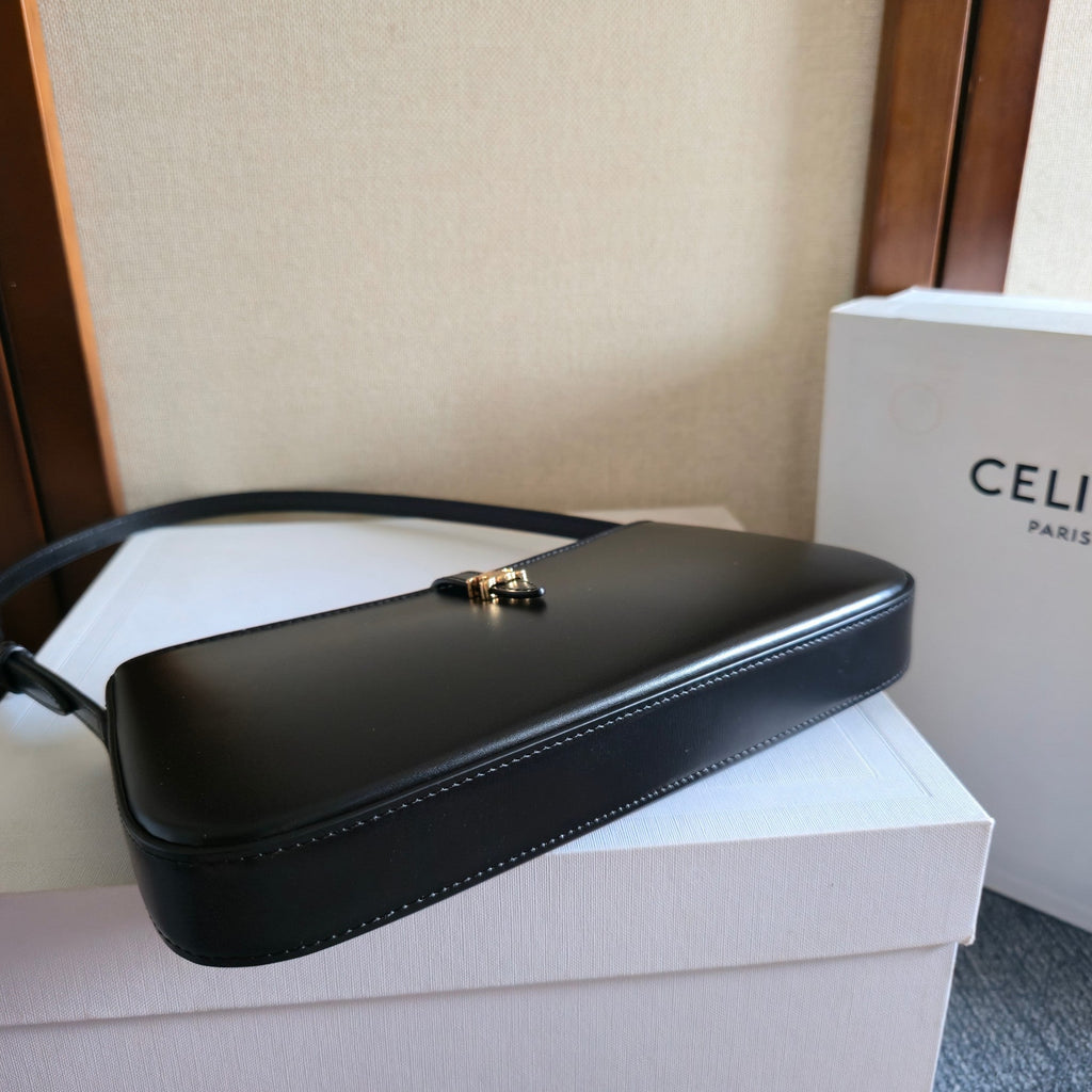 CELINE 25S TINA SHOULDER BAG 25MM IN BLACK CALFSKIN GOLD HARDWARE