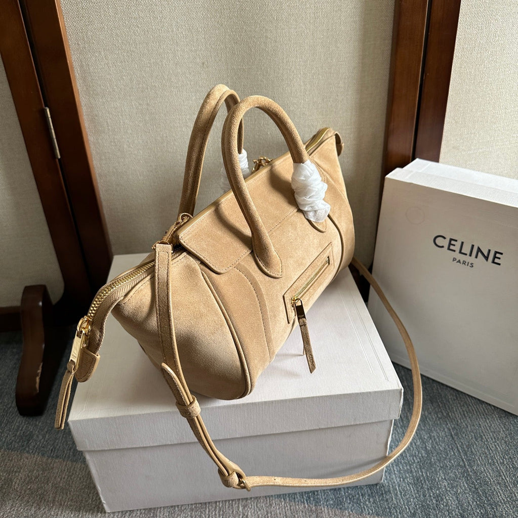 CELINE 25S NEW LUGGAGE 36MM IN BEIGE SUEDE GOLD HARDWARE