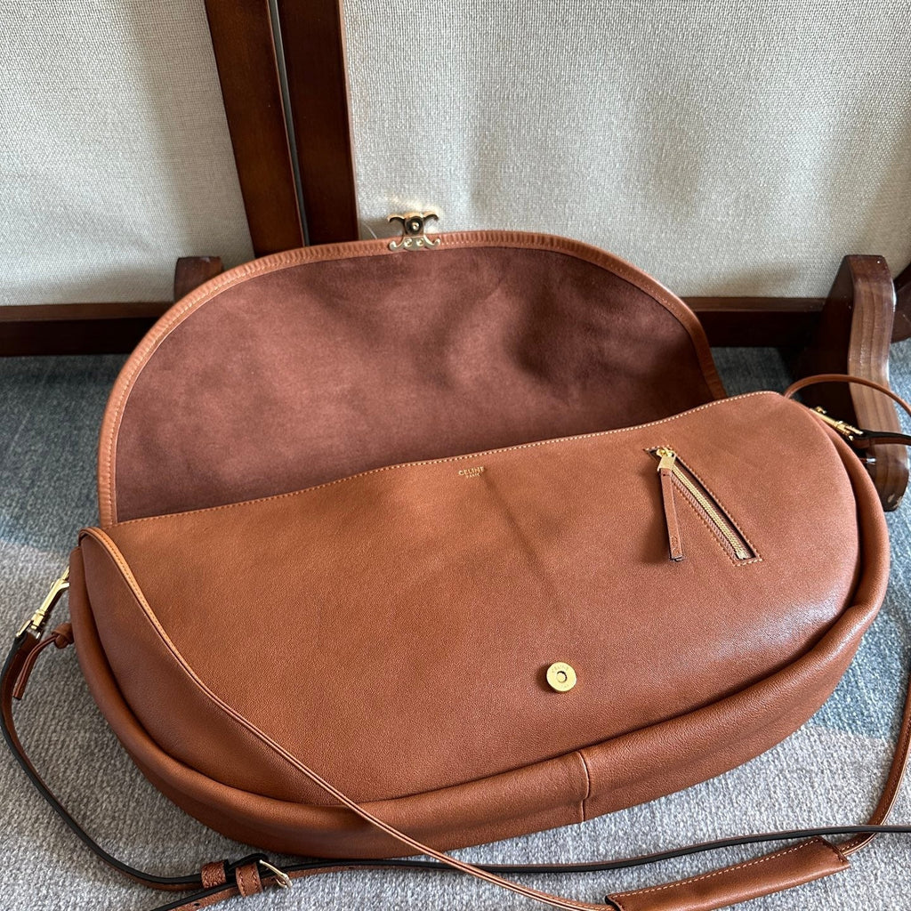 CELINE 25S HALFMOON SOFT TRIOMPHE BAG 46MM IN TAN BROWN SUPPLE SHINY LAMBSKIN
