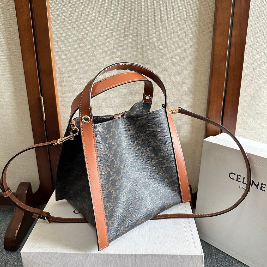 CELINE 25S CUBE BAG 18MM IN BLACK TRIOMPHE CANVAS AND DARK BORWN CALFSKIN