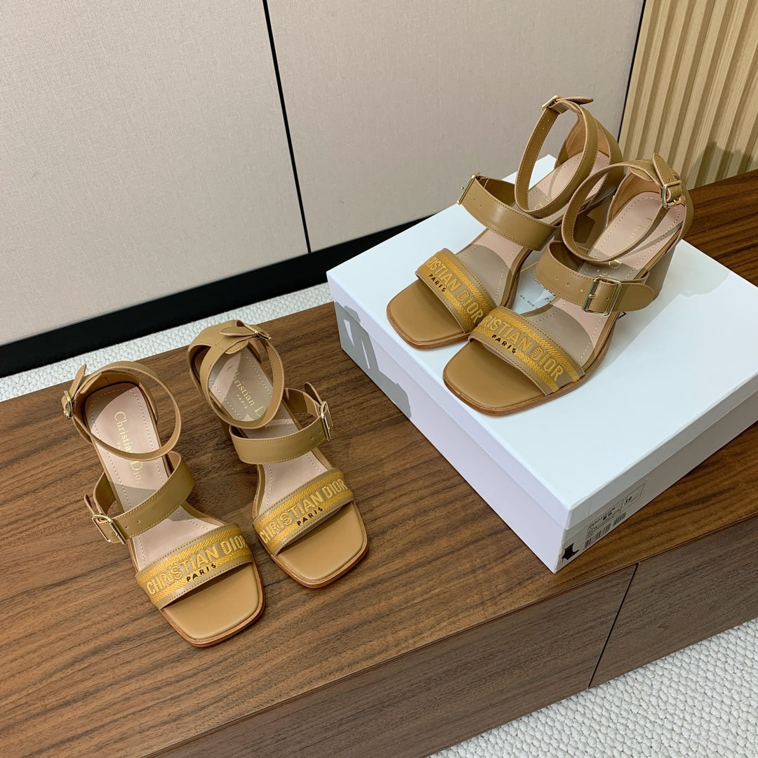 DIOR THREE-STRAP HIGH-HEELED EMBROIDERED SANDALS CAMEL BROWN