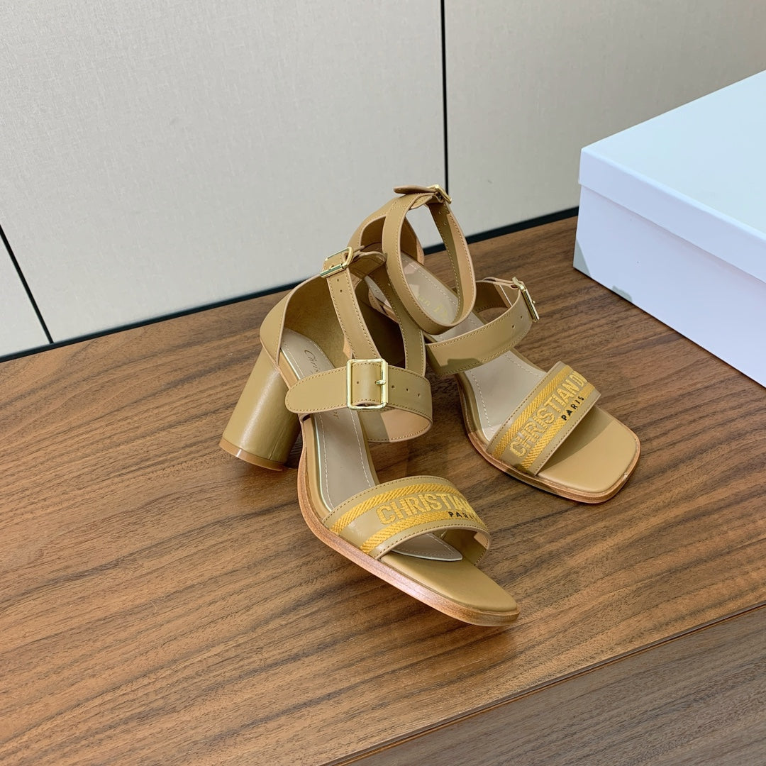 DIOR THREE-STRAP HIGH-HEELED EMBROIDERED SANDALS CAMEL BROWN