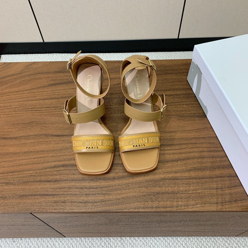 DIOR THREE-STRAP HIGH-HEELED EMBROIDERED SANDALS CAMEL BROWN