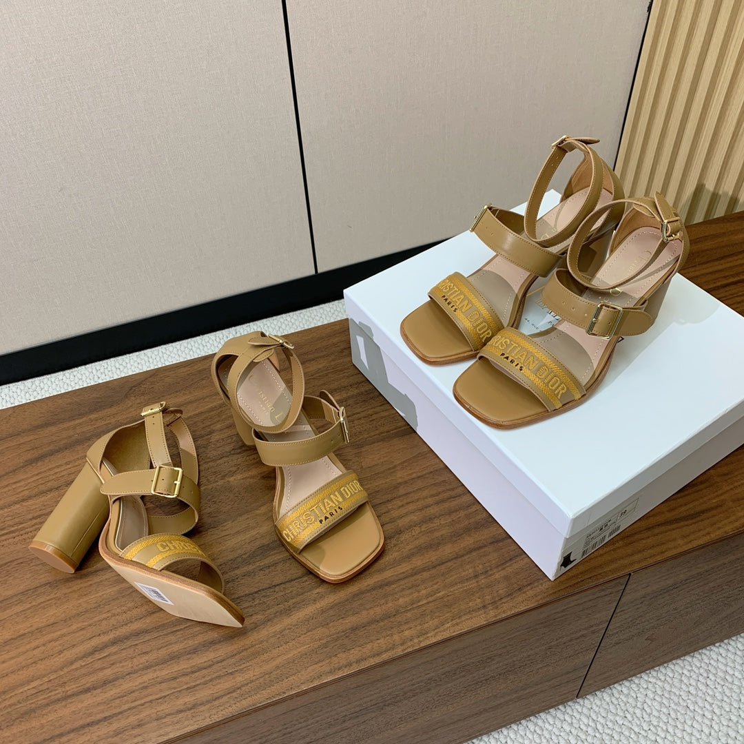 DIOR THREE-STRAP HIGH-HEELED EMBROIDERED SANDALS CAMEL BROWN