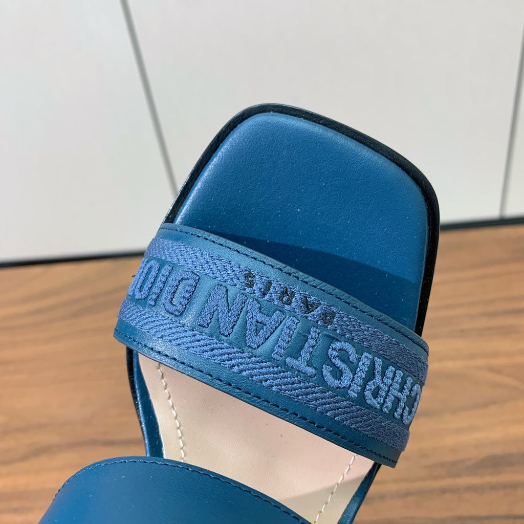 DIOR THREE-STRAP HIGH-HEELED EMBROIDERED SANDALS NAVY BLUE