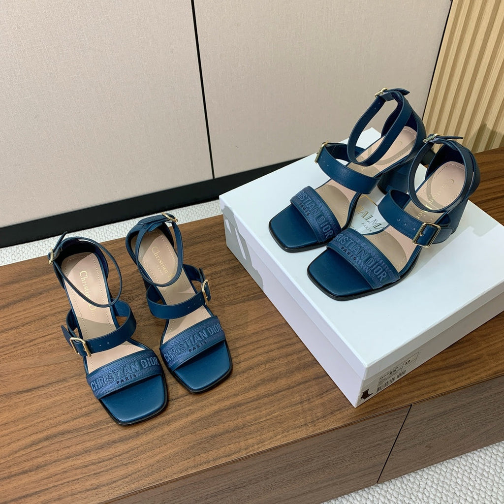 DIOR THREE-STRAP HIGH-HEELED EMBROIDERED SANDALS NAVY BLUE