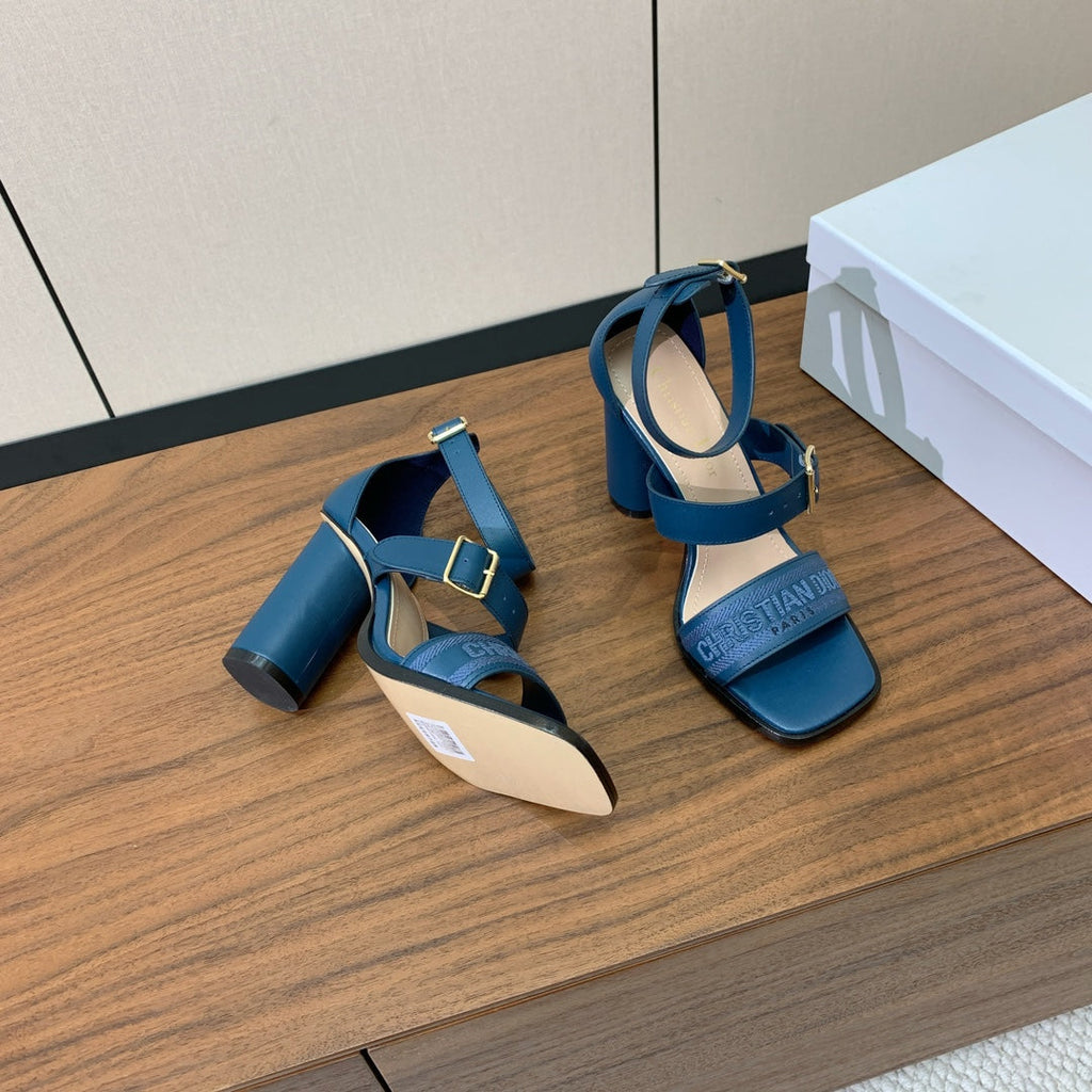 DIOR THREE-STRAP HIGH-HEELED EMBROIDERED SANDALS NAVY BLUE