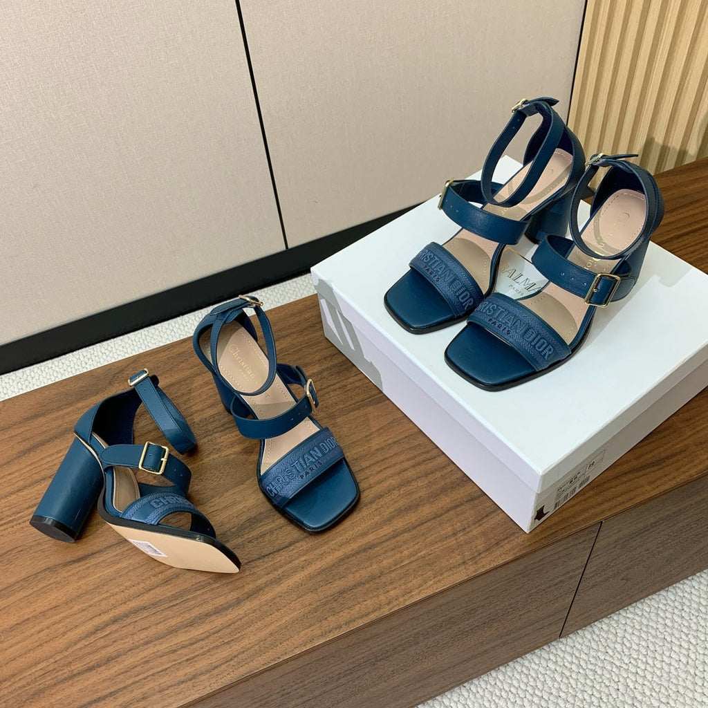 DIOR THREE-STRAP HIGH-HEELED EMBROIDERED SANDALS NAVY BLUE