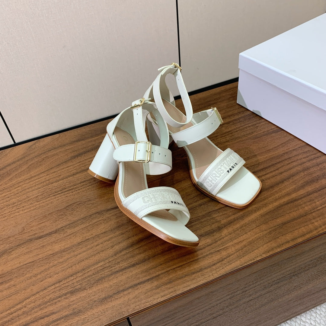 DIOR THREE-STRAP HIGH-HEELED EMBROIDERED SANDALS WHITE
