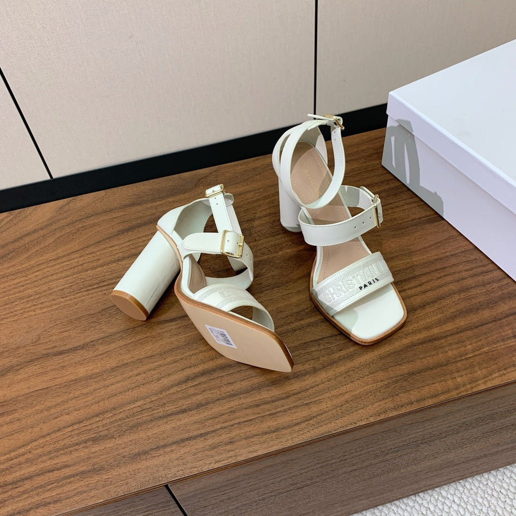 DIOR THREE-STRAP HIGH-HEELED EMBROIDERED SANDALS WHITE