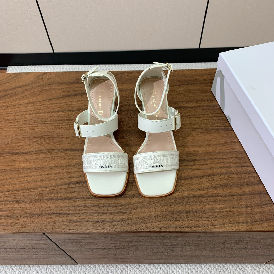 DIOR THREE-STRAP HIGH-HEELED EMBROIDERED SANDALS WHITE