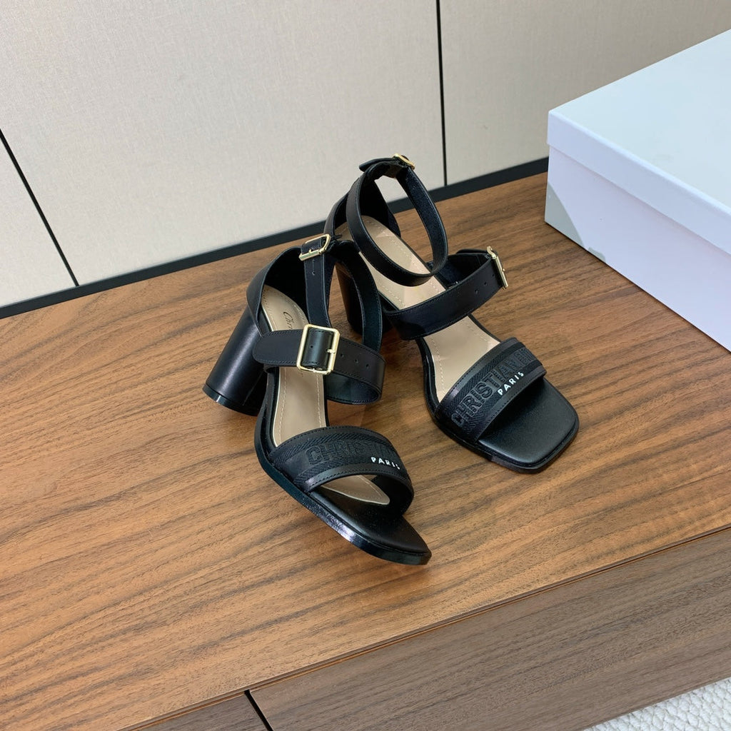 DIOR THREE-STRAP HIGH-HEELED EMBROIDERED SANDALS BLACK
