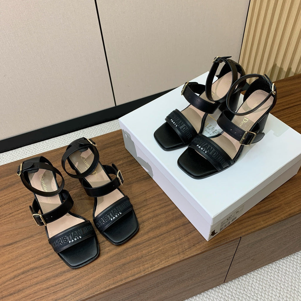 DIOR THREE-STRAP HIGH-HEELED EMBROIDERED SANDALS BLACK