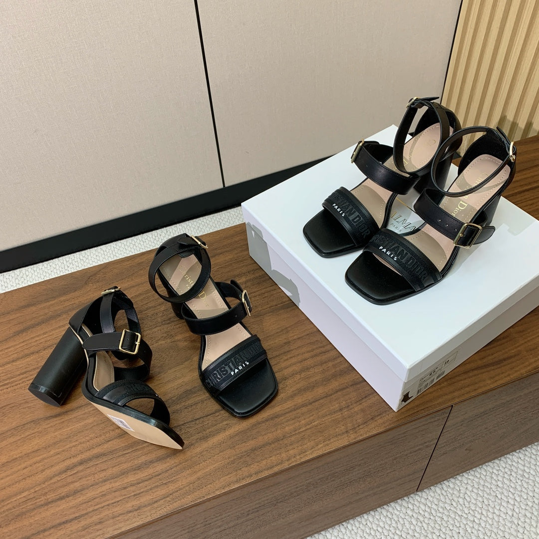 DIOR THREE-STRAP HIGH-HEELED EMBROIDERED SANDALS BLACK