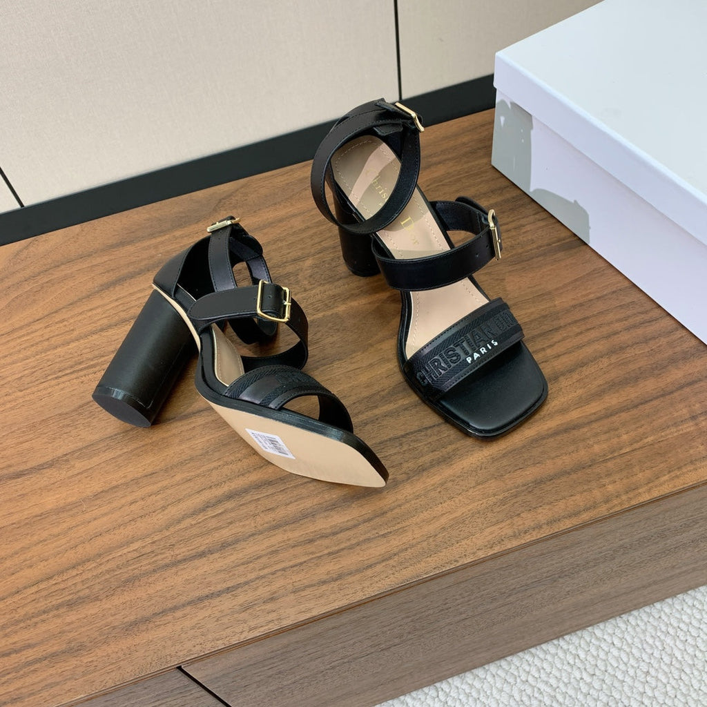 DIOR THREE-STRAP HIGH-HEELED EMBROIDERED SANDALS BLACK