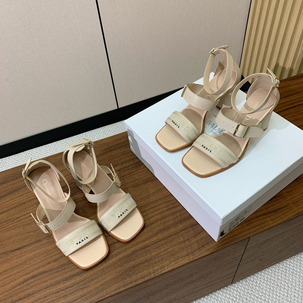 DIOR THREE-STRAP HIGH-HEELED EMBROIDERED SANDALS NUDE BEIGE