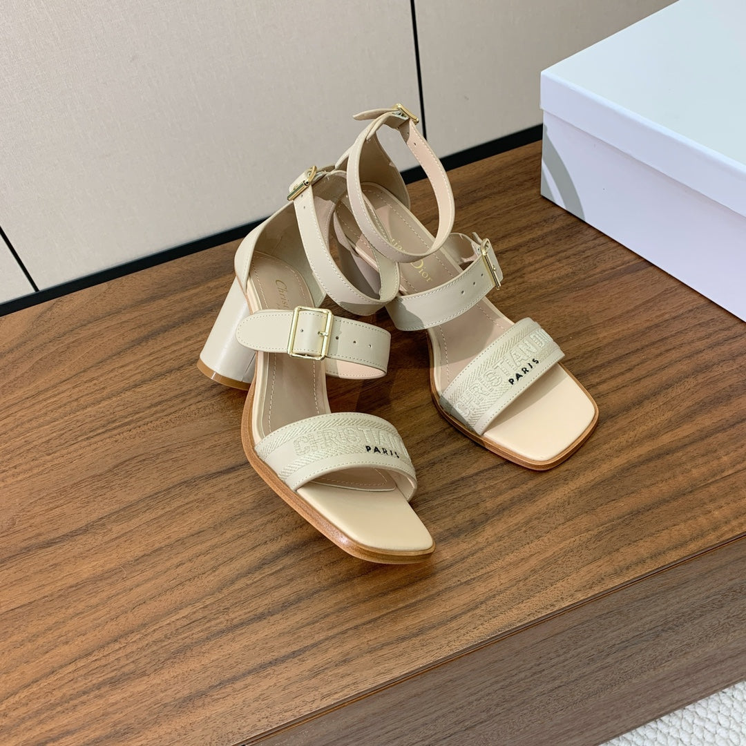 DIOR THREE-STRAP HIGH-HEELED EMBROIDERED SANDALS NUDE BEIGE