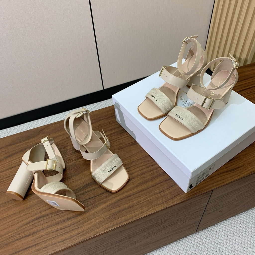 DIOR THREE-STRAP HIGH-HEELED EMBROIDERED SANDALS NUDE BEIGE
