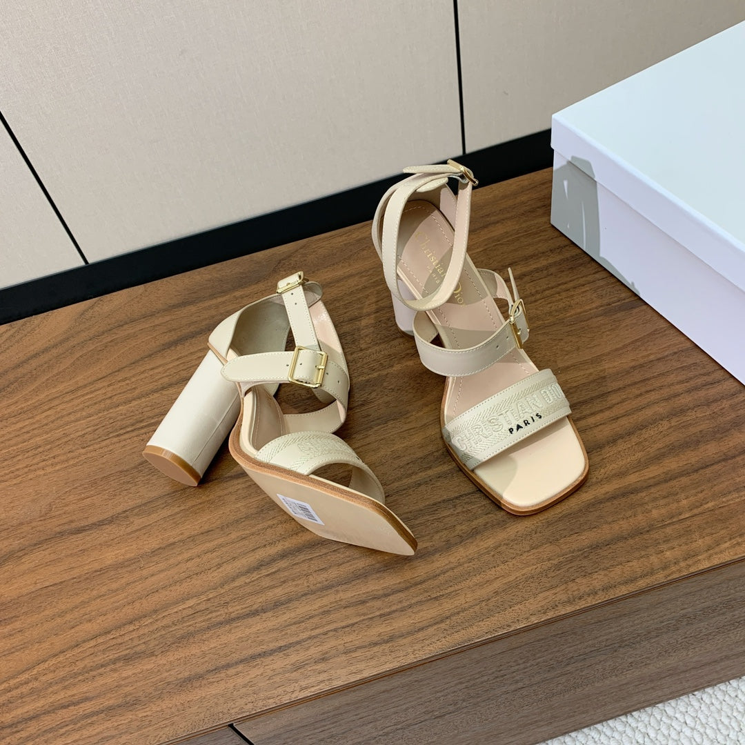 DIOR THREE-STRAP HIGH-HEELED EMBROIDERED SANDALS NUDE BEIGE