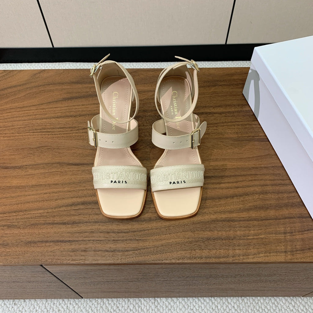 DIOR THREE-STRAP HIGH-HEELED EMBROIDERED SANDALS NUDE BEIGE