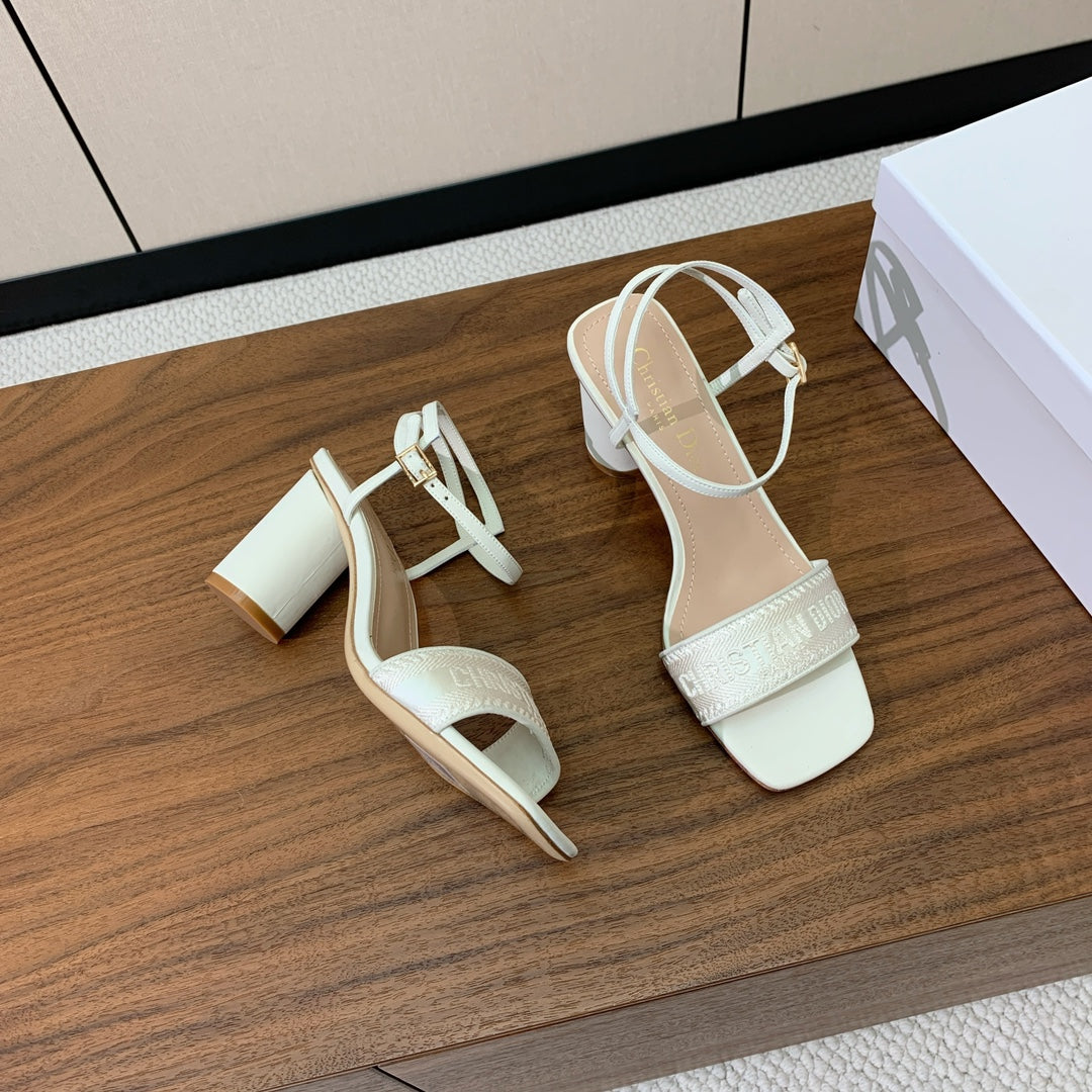 DIOR HIGH HEEL EMBROIDERED SANDAL IN WHITE CALFSKIN AND WOVEN STRAPS