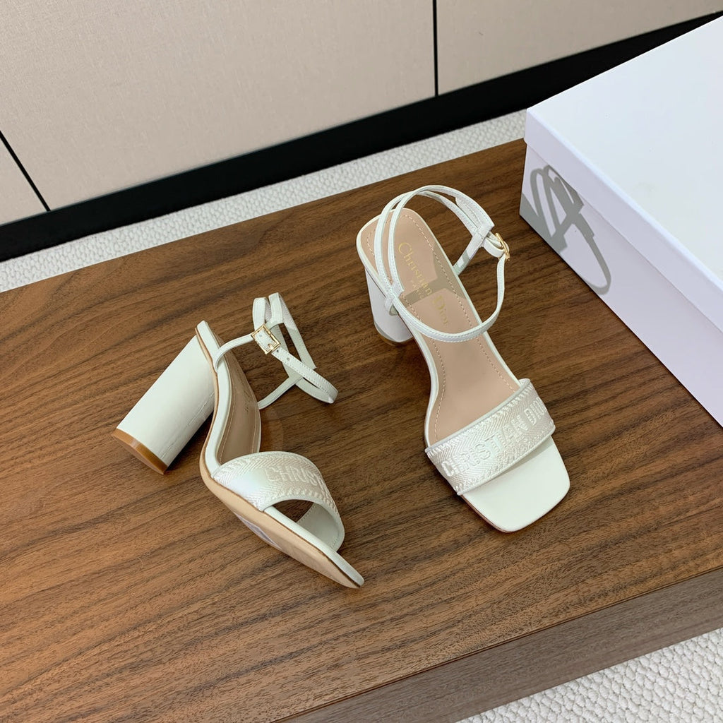 DIOR HIGH HEEL EMBROIDERED SANDAL IN WHITE CALFSKIN AND WOVEN STRAPS