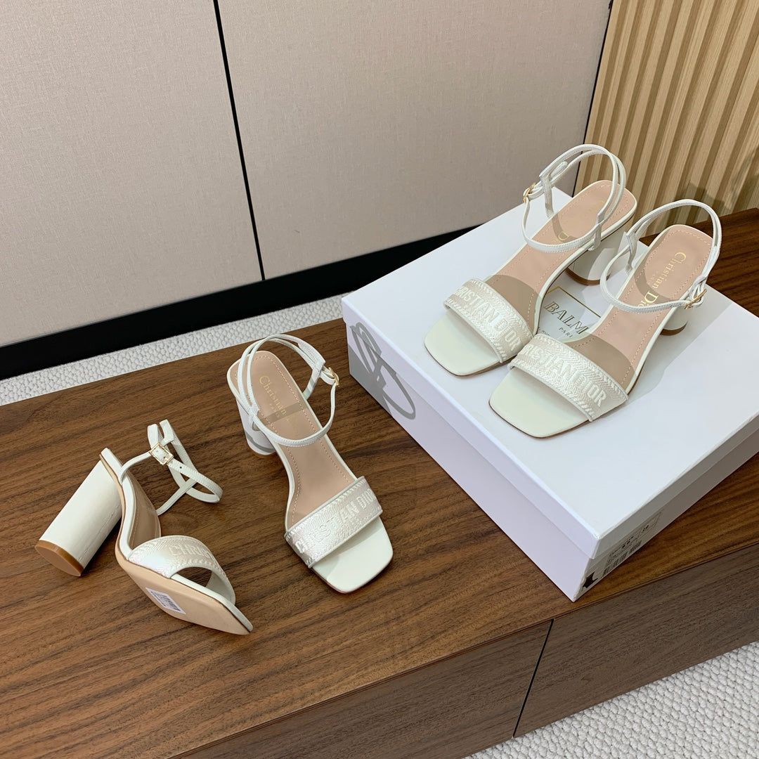 DIOR HIGH HEEL EMBROIDERED SANDAL IN WHITE CALFSKIN AND WOVEN STRAPS