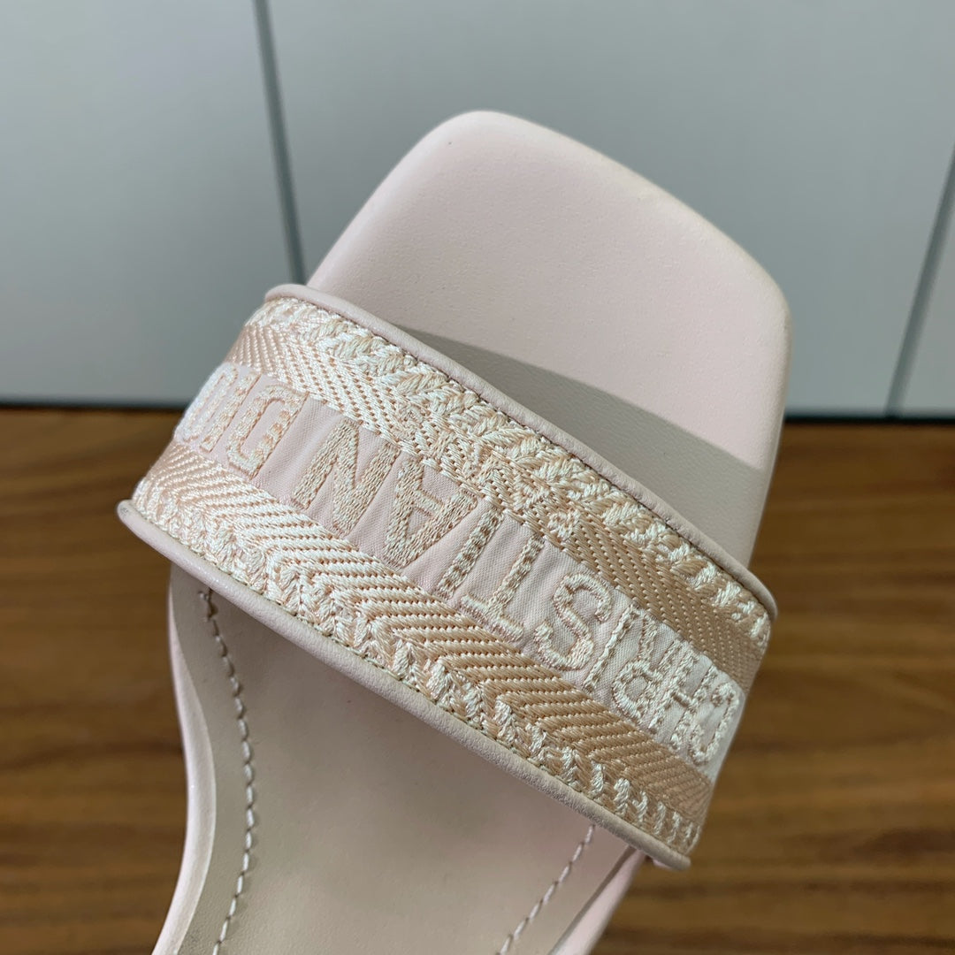 DIOR HIGH HEEL EMBROIDERED SANDAL IN LIGHT PINK CALFSKIN AND WOVEN STRAPS