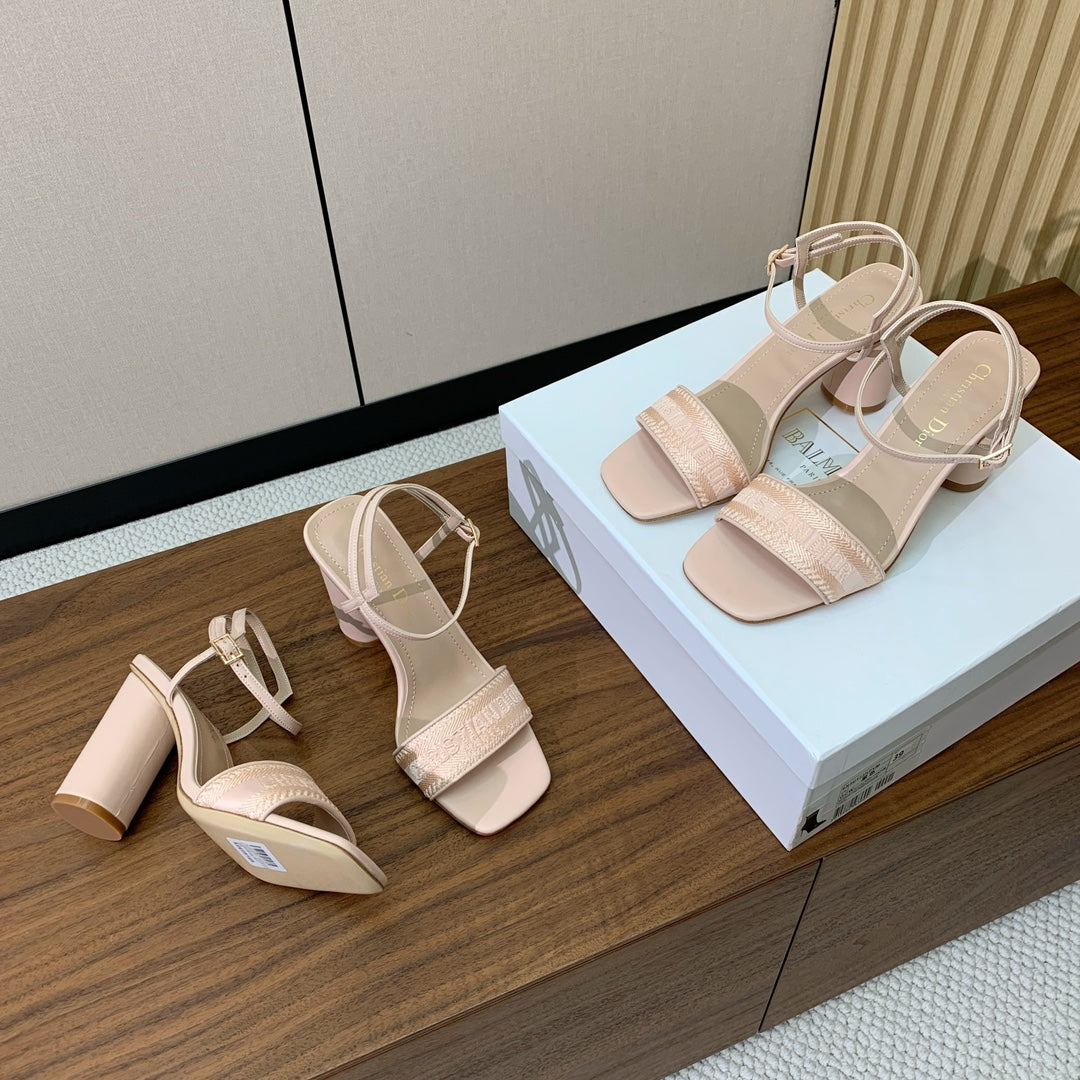 DIOR HIGH HEEL EMBROIDERED SANDAL IN LIGHT PINK CALFSKIN AND WOVEN STRAPS
