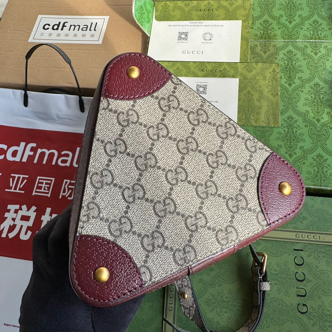 GUCCI BUCKET BAG 18 IN BURGUNDY RED CANVAS AND CALFSKIN GOLD HARDWARE